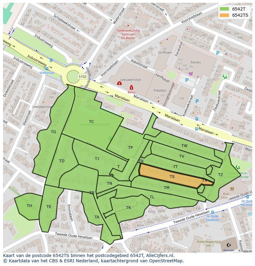 Afbeelding van het postcodegebied 6542 TS op de kaart.