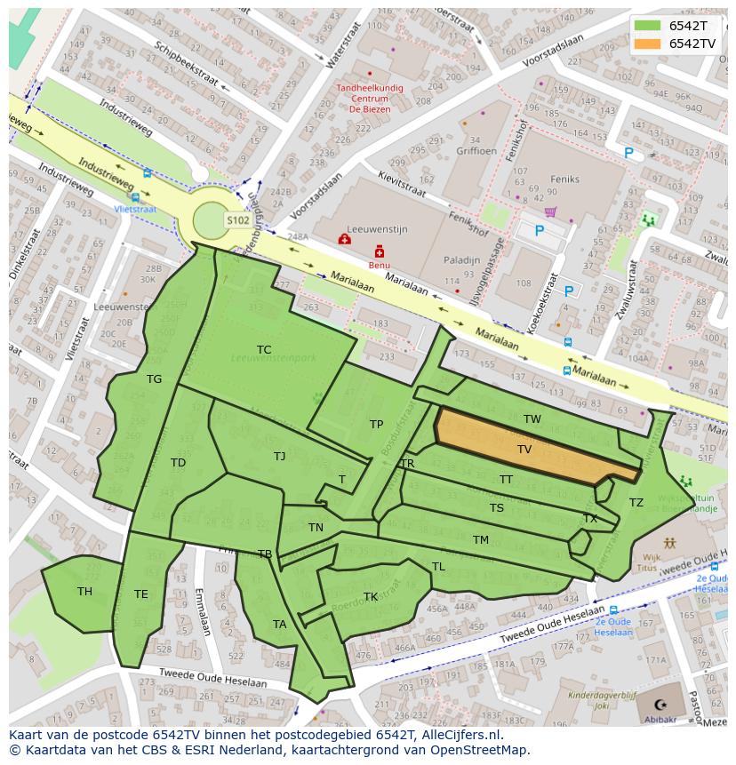 Afbeelding van het postcodegebied 6542 TV op de kaart.