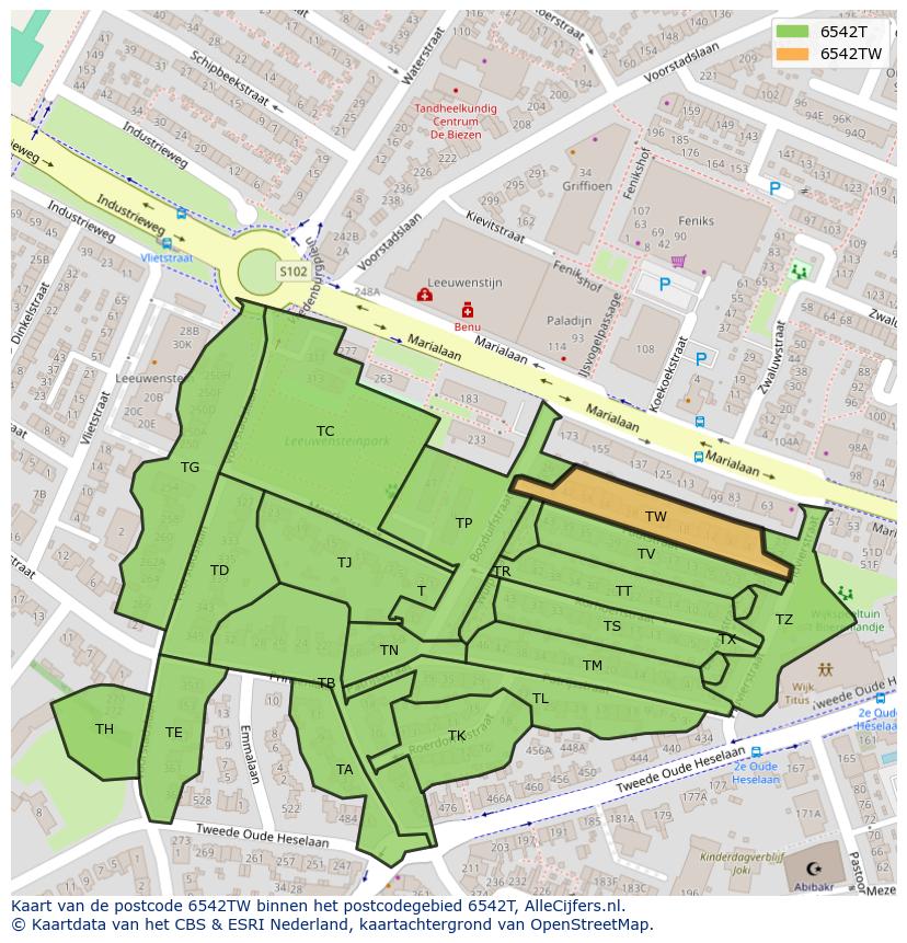 Afbeelding van het postcodegebied 6542 TW op de kaart.