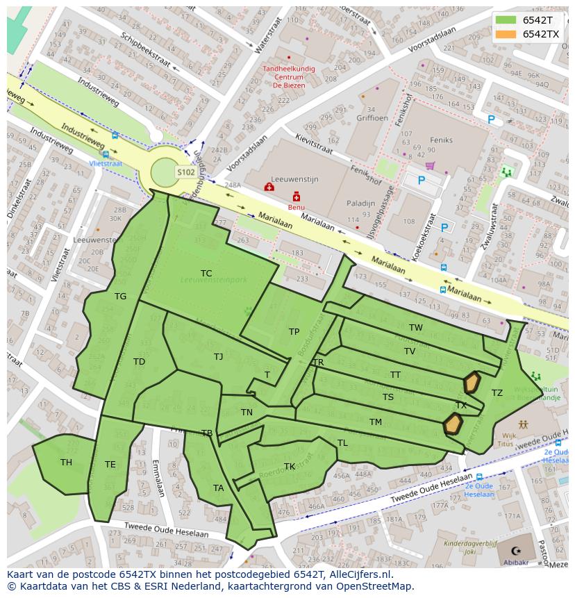 Afbeelding van het postcodegebied 6542 TX op de kaart.