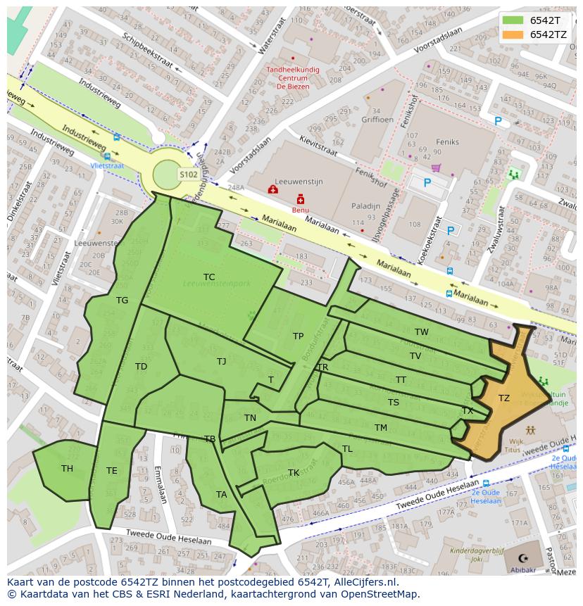 Afbeelding van het postcodegebied 6542 TZ op de kaart.