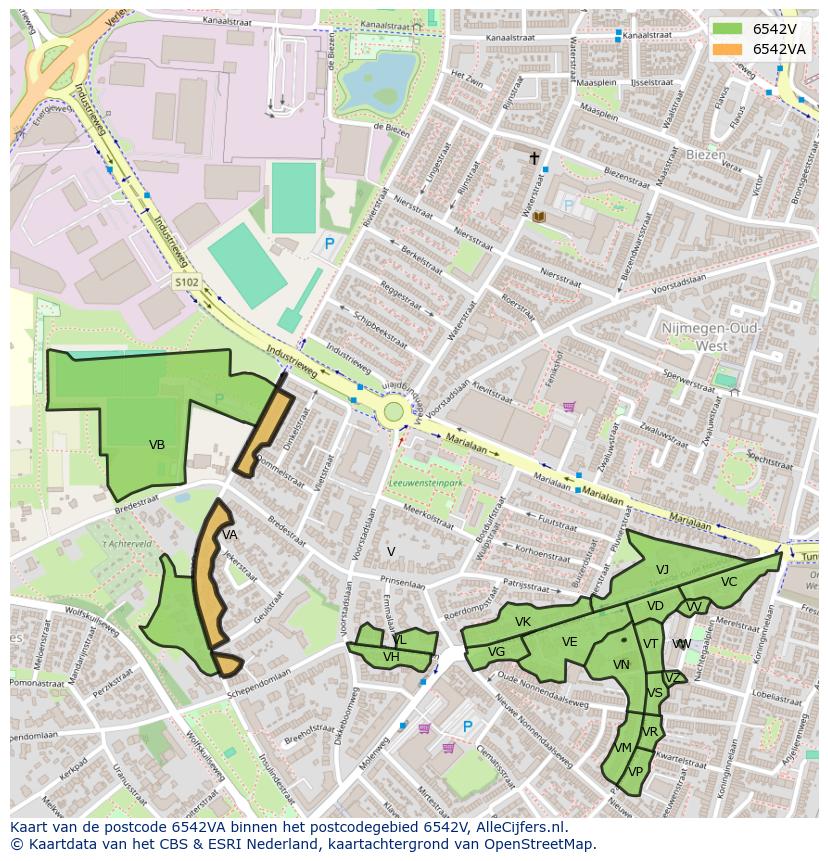 Afbeelding van het postcodegebied 6542 VA op de kaart.