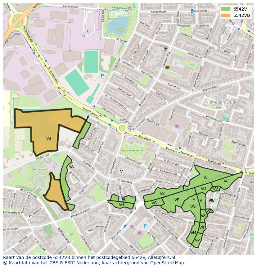 Afbeelding van het postcodegebied 6542 VB op de kaart.
