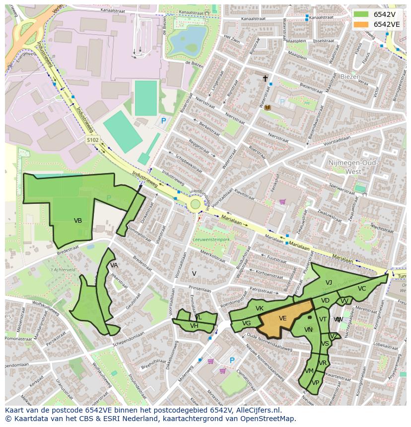 Afbeelding van het postcodegebied 6542 VE op de kaart.