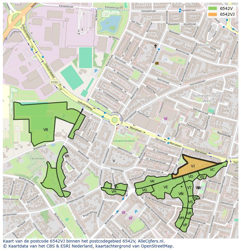 Afbeelding van het postcodegebied 6542 VJ op de kaart.