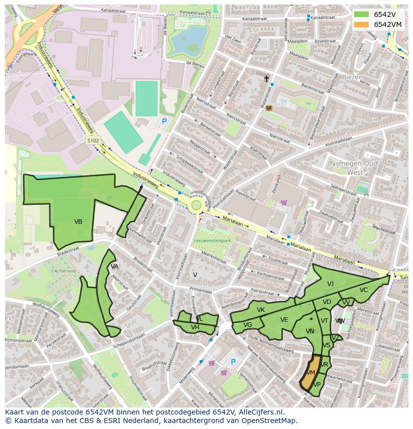 Afbeelding van het postcodegebied 6542 VM op de kaart.