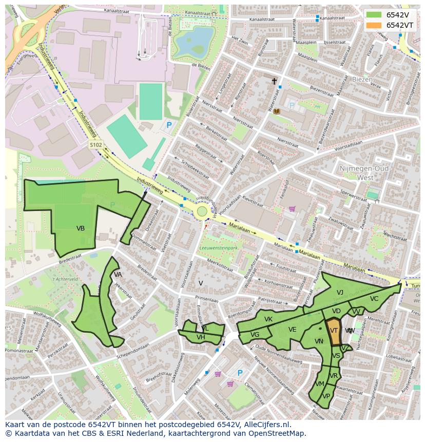 Afbeelding van het postcodegebied 6542 VT op de kaart.