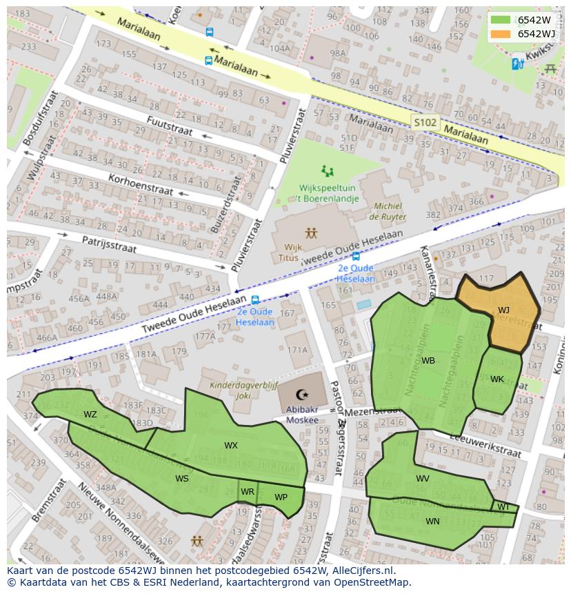 Afbeelding van het postcodegebied 6542 WJ op de kaart.