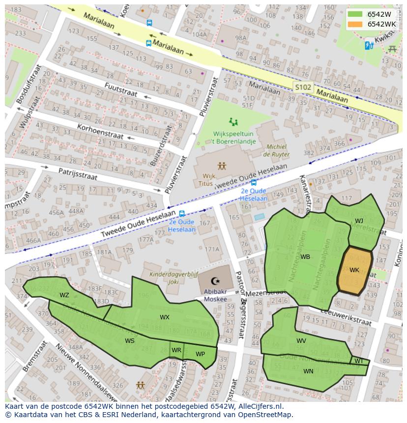 Afbeelding van het postcodegebied 6542 WK op de kaart.