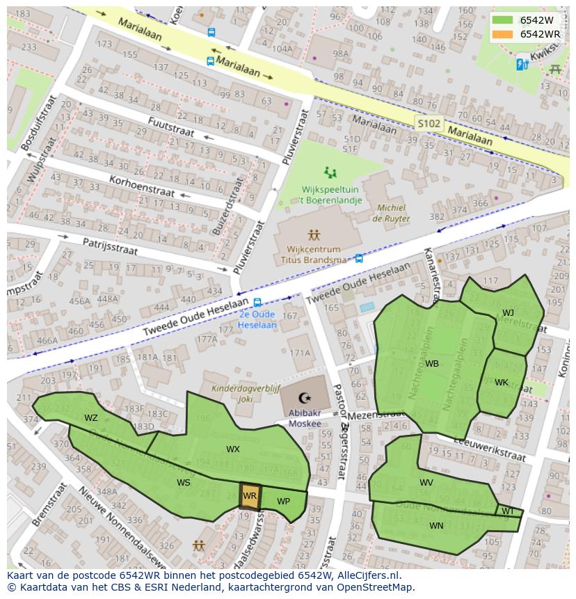 Afbeelding van het postcodegebied 6542 WR op de kaart.