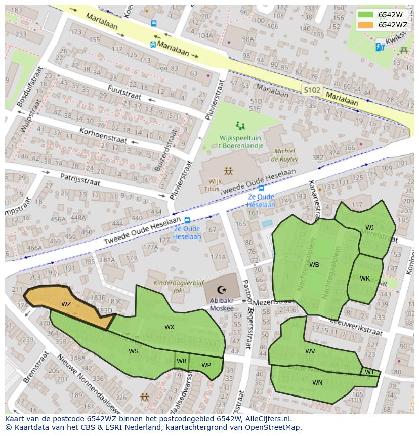 Afbeelding van het postcodegebied 6542 WZ op de kaart.