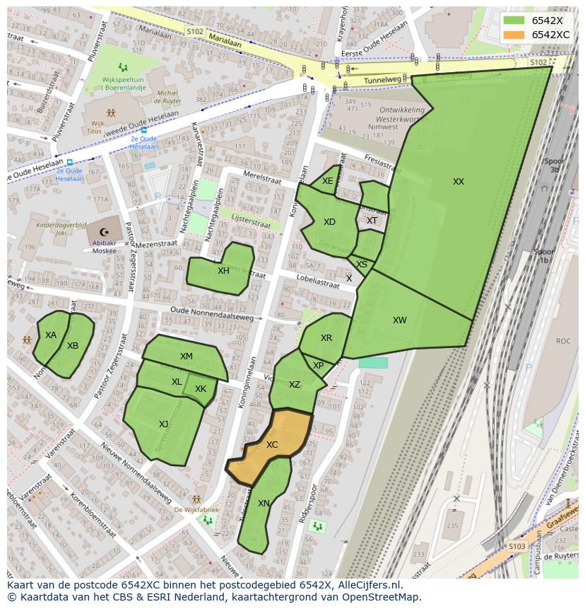 Afbeelding van het postcodegebied 6542 XC op de kaart.