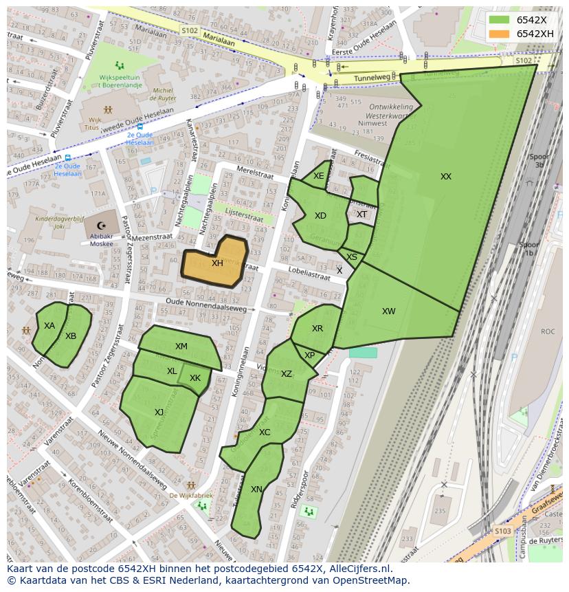 Afbeelding van het postcodegebied 6542 XH op de kaart.