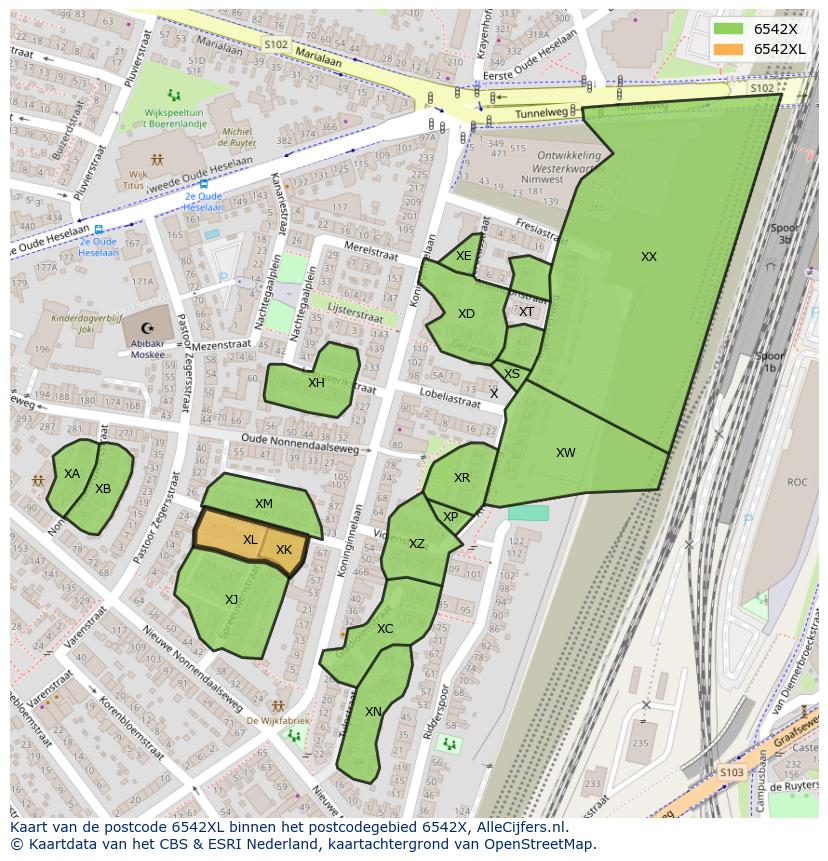 Afbeelding van het postcodegebied 6542 XL op de kaart.