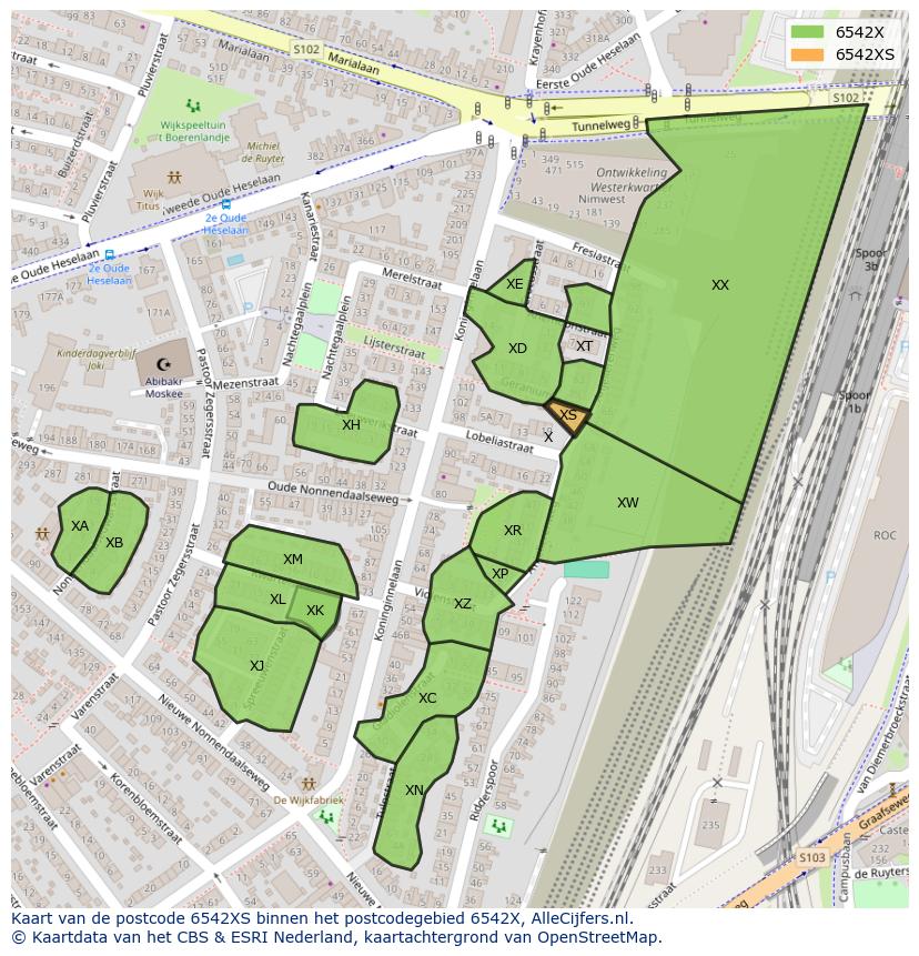Afbeelding van het postcodegebied 6542 XS op de kaart.