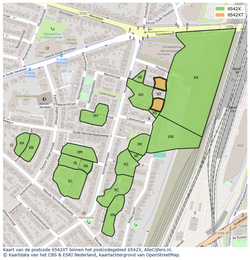 Afbeelding van het postcodegebied 6542 XT op de kaart.