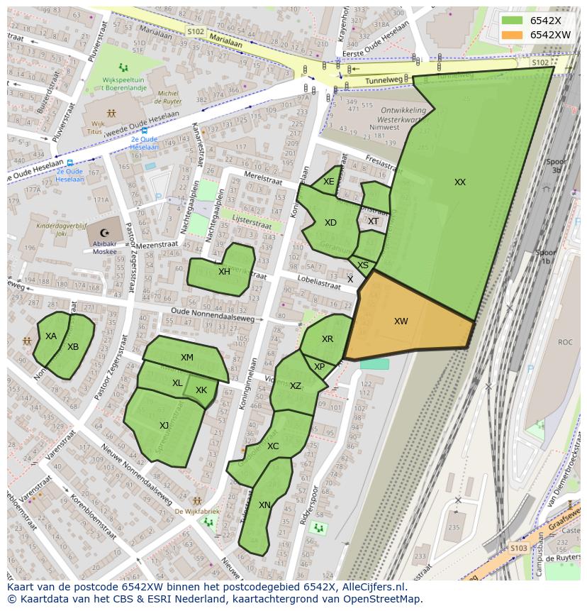 Afbeelding van het postcodegebied 6542 XW op de kaart.