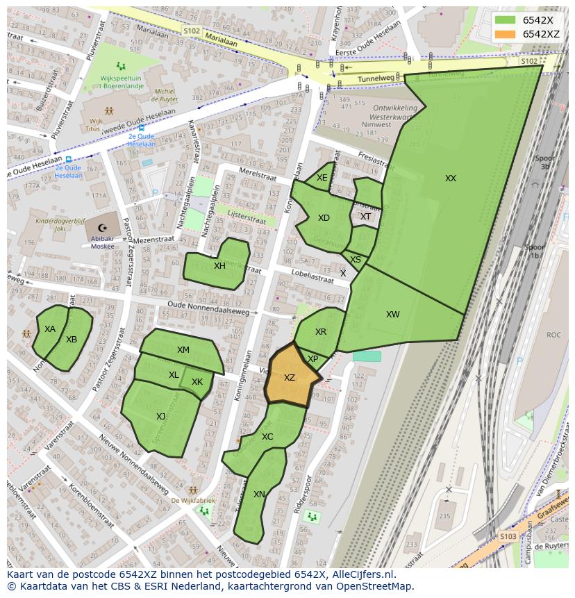 Afbeelding van het postcodegebied 6542 XZ op de kaart.
