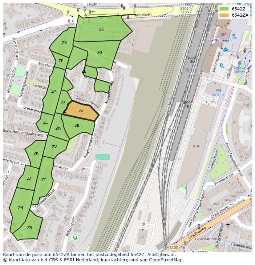 Afbeelding van het postcodegebied 6542 ZA op de kaart.