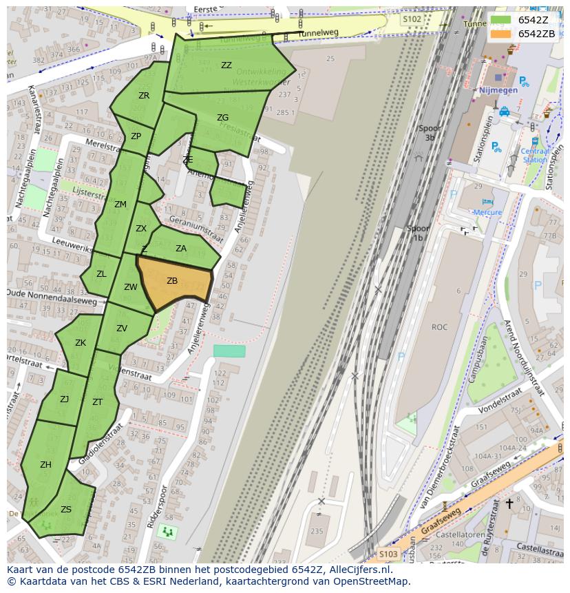 Afbeelding van het postcodegebied 6542 ZB op de kaart.
