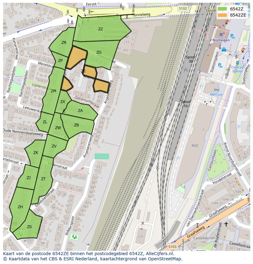 Afbeelding van het postcodegebied 6542 ZE op de kaart.