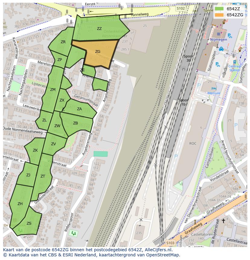 Afbeelding van het postcodegebied 6542 ZG op de kaart.