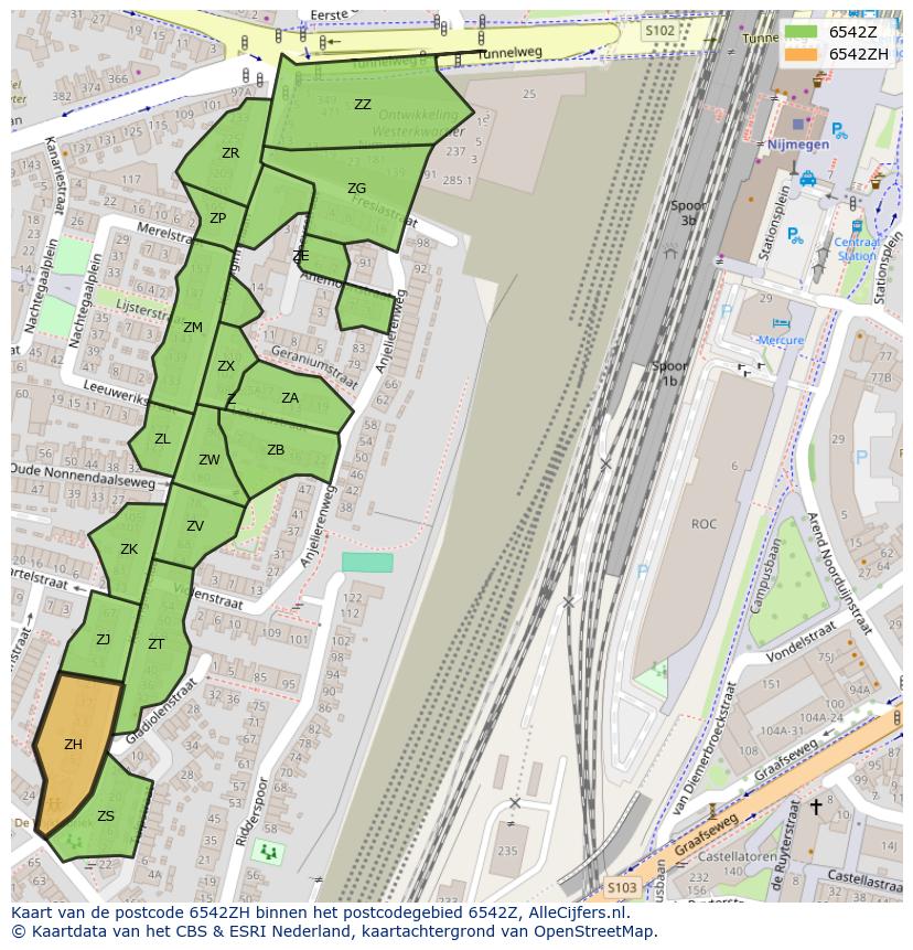 Afbeelding van het postcodegebied 6542 ZH op de kaart.