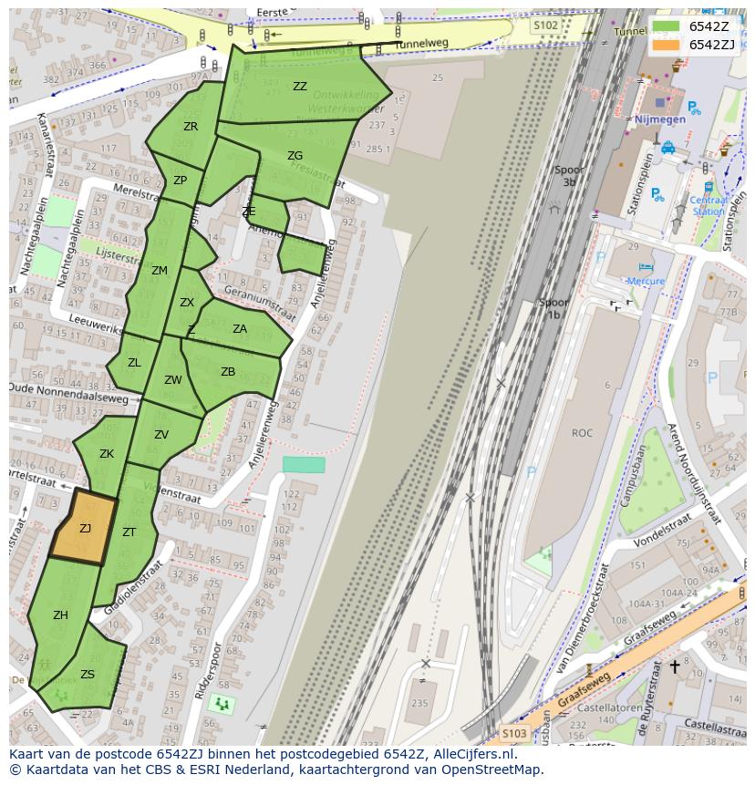 Afbeelding van het postcodegebied 6542 ZJ op de kaart.