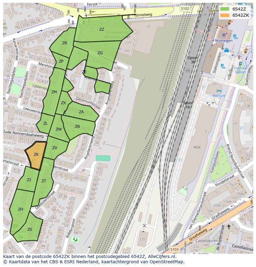 Afbeelding van het postcodegebied 6542 ZK op de kaart.