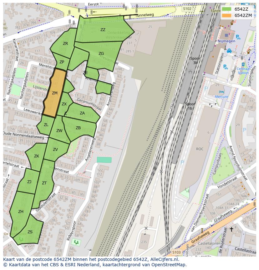 Afbeelding van het postcodegebied 6542 ZM op de kaart.