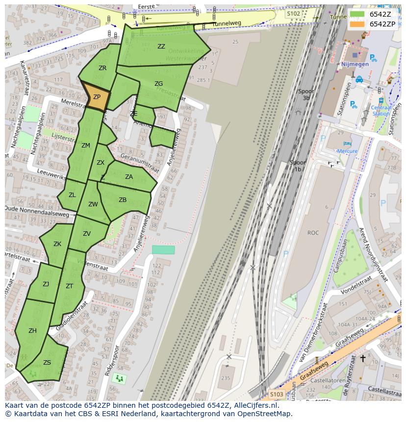 Afbeelding van het postcodegebied 6542 ZP op de kaart.