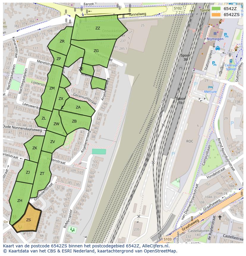 Afbeelding van het postcodegebied 6542 ZS op de kaart.
