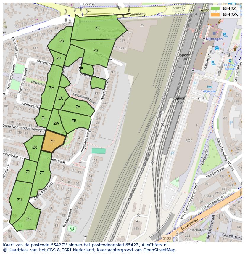 Afbeelding van het postcodegebied 6542 ZV op de kaart.