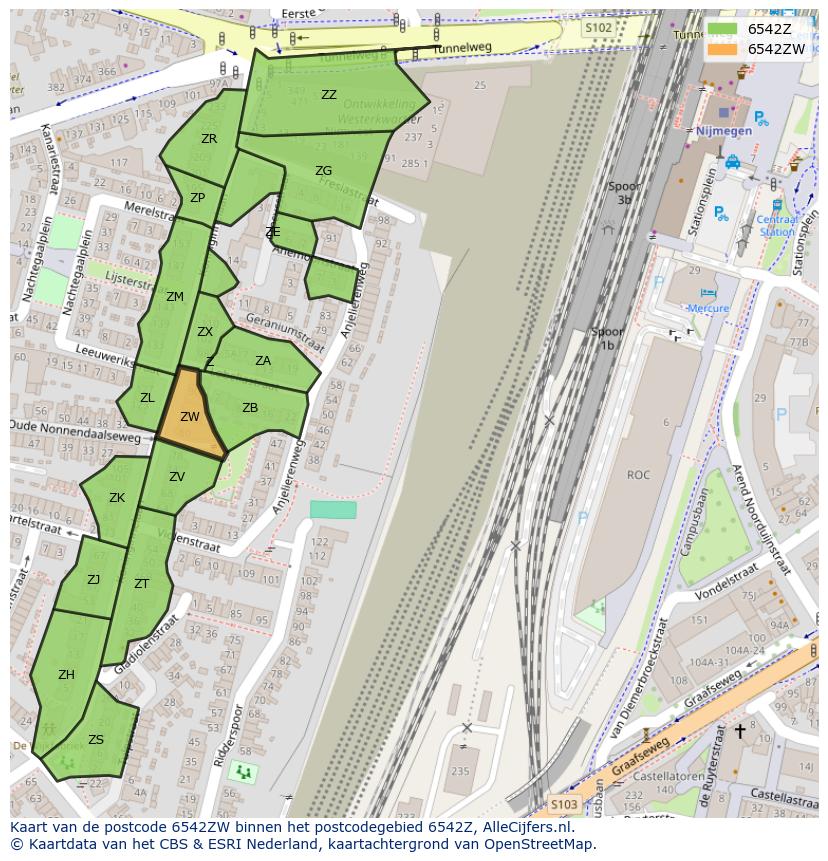 Afbeelding van het postcodegebied 6542 ZW op de kaart.