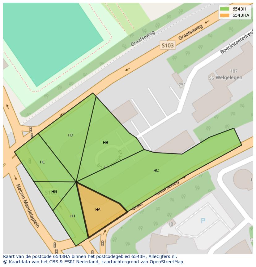Afbeelding van het postcodegebied 6543 HA op de kaart.