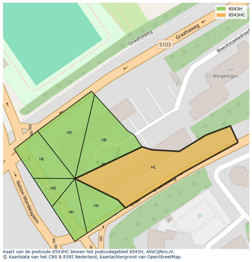 Afbeelding van het postcodegebied 6543 HC op de kaart.