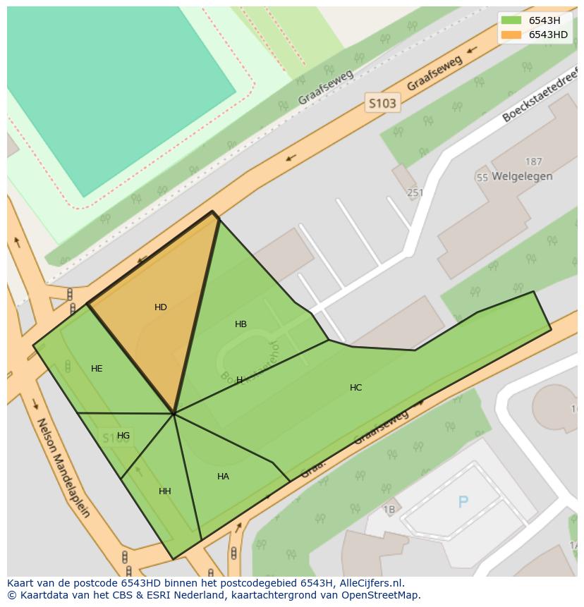 Afbeelding van het postcodegebied 6543 HD op de kaart.