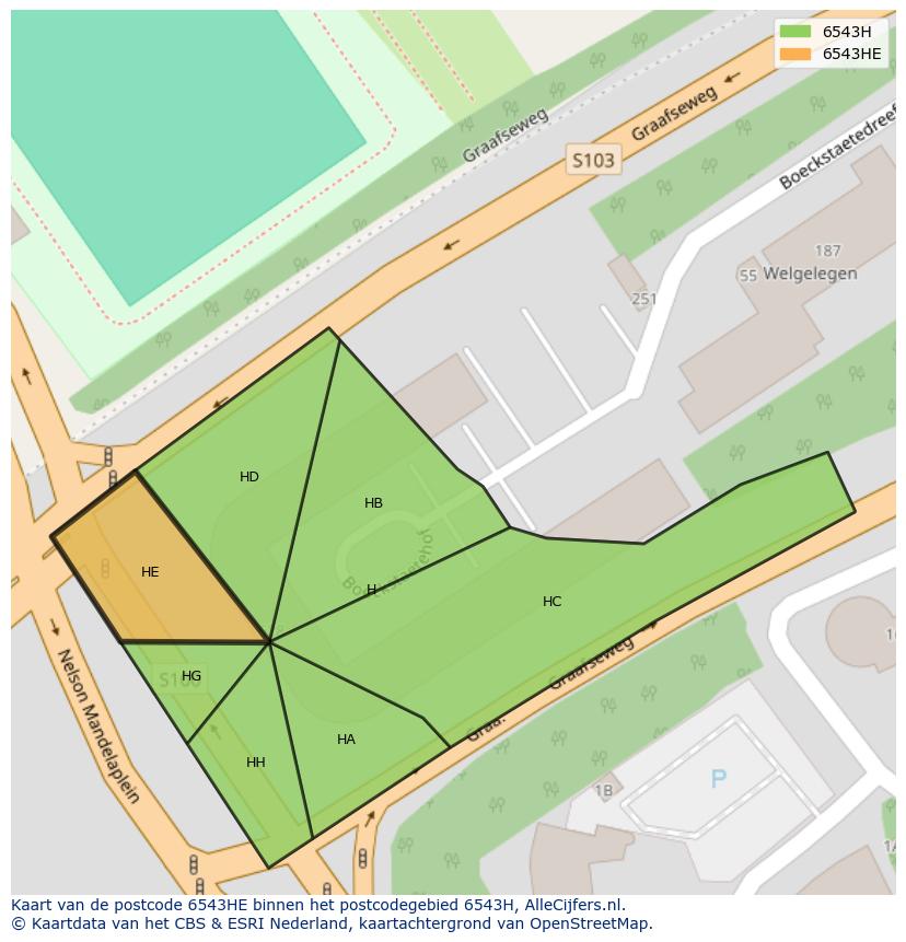 Afbeelding van het postcodegebied 6543 HE op de kaart.