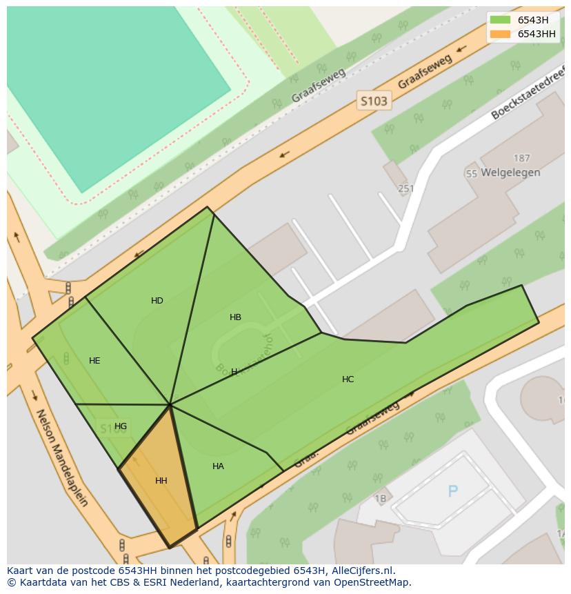 Afbeelding van het postcodegebied 6543 HH op de kaart.