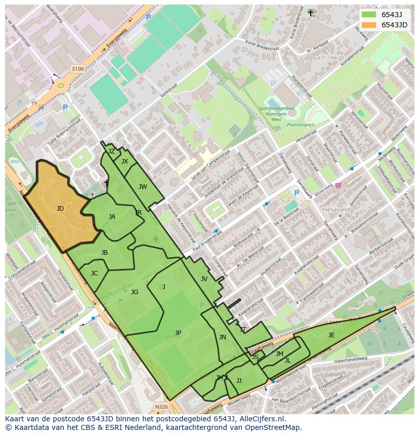 Afbeelding van het postcodegebied 6543 JD op de kaart.
