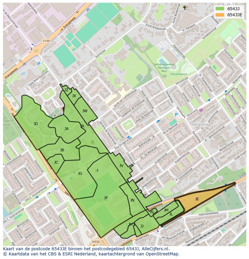 Afbeelding van het postcodegebied 6543 JE op de kaart.