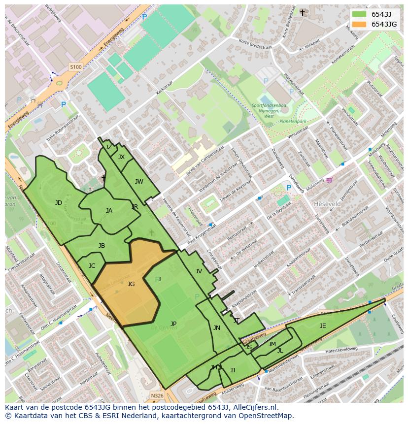 Afbeelding van het postcodegebied 6543 JG op de kaart.