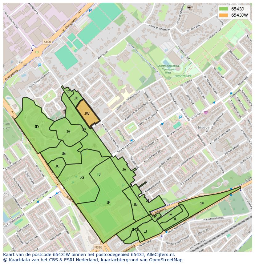 Afbeelding van het postcodegebied 6543 JW op de kaart.
