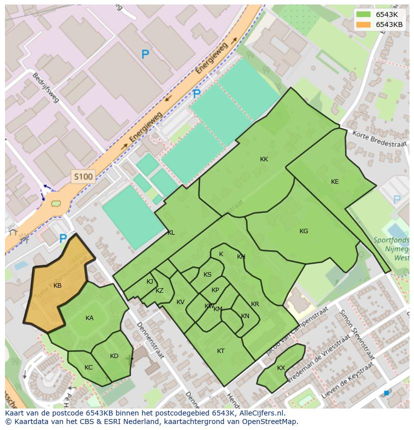 Afbeelding van het postcodegebied 6543 KB op de kaart.