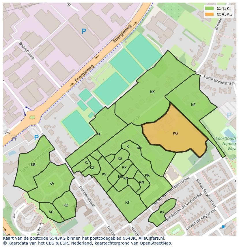 Afbeelding van het postcodegebied 6543 KG op de kaart.