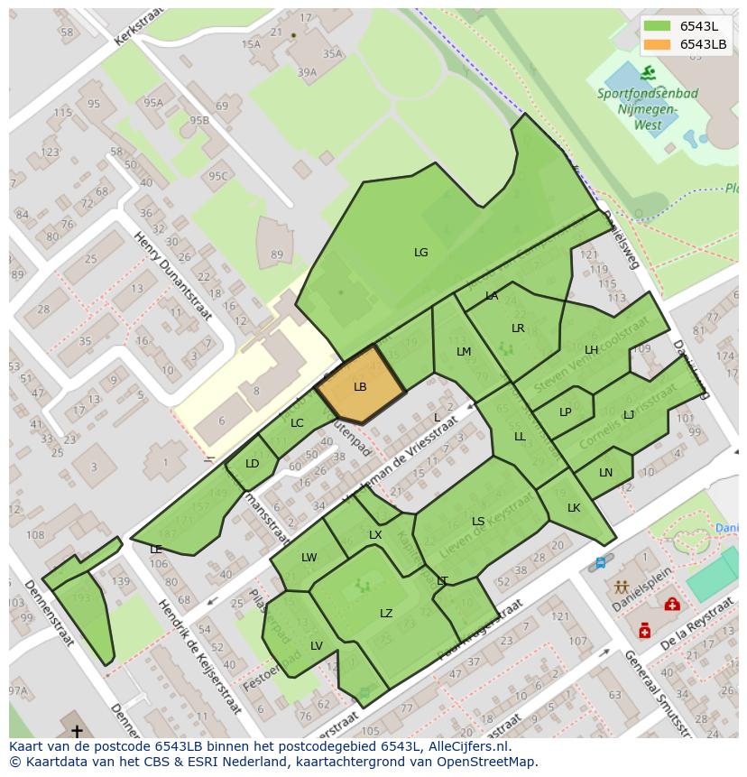 Afbeelding van het postcodegebied 6543 LB op de kaart.