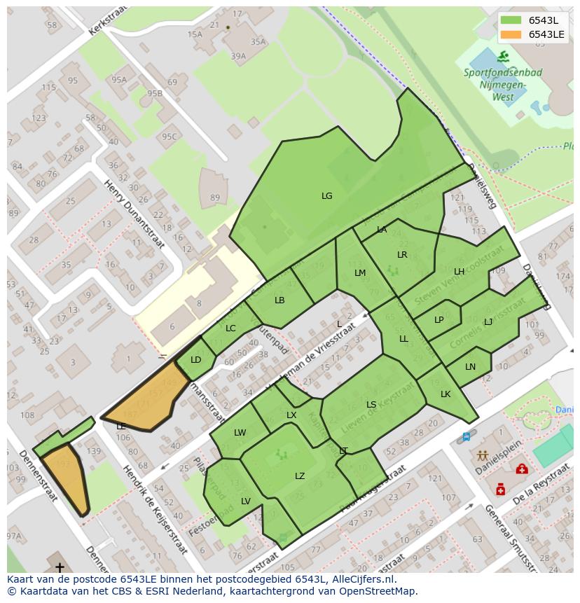 Afbeelding van het postcodegebied 6543 LE op de kaart.