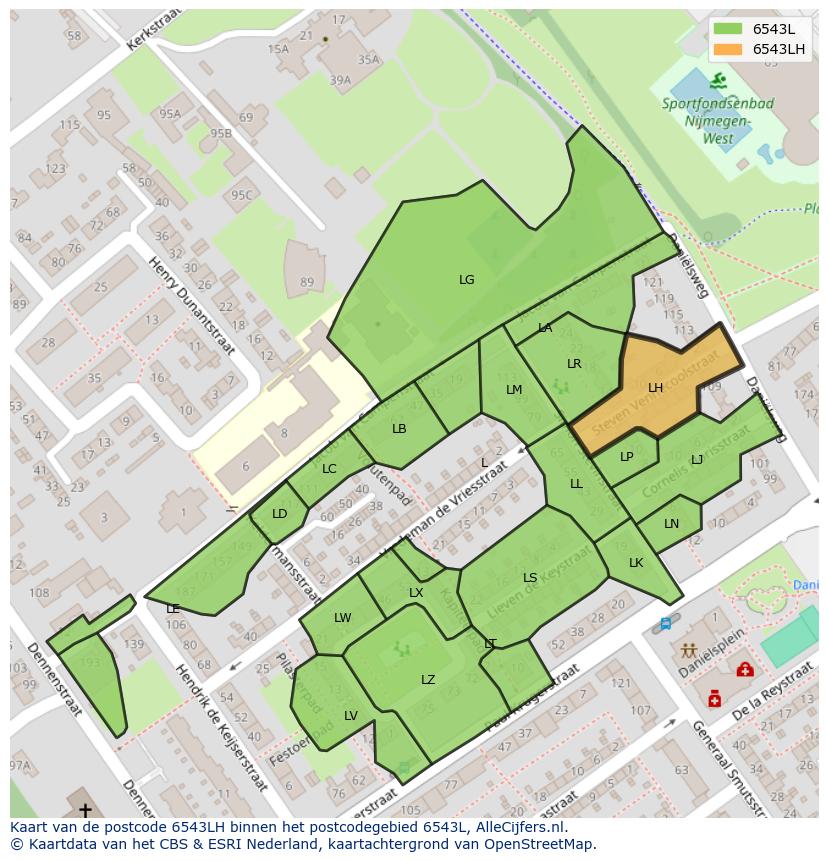 Afbeelding van het postcodegebied 6543 LH op de kaart.