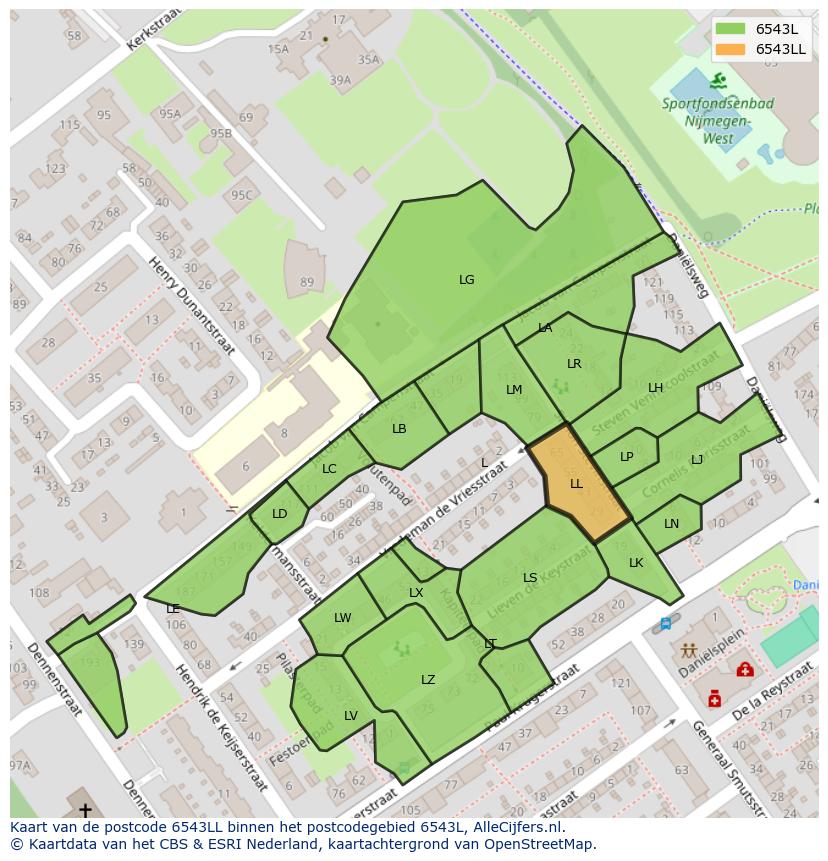 Afbeelding van het postcodegebied 6543 LL op de kaart.