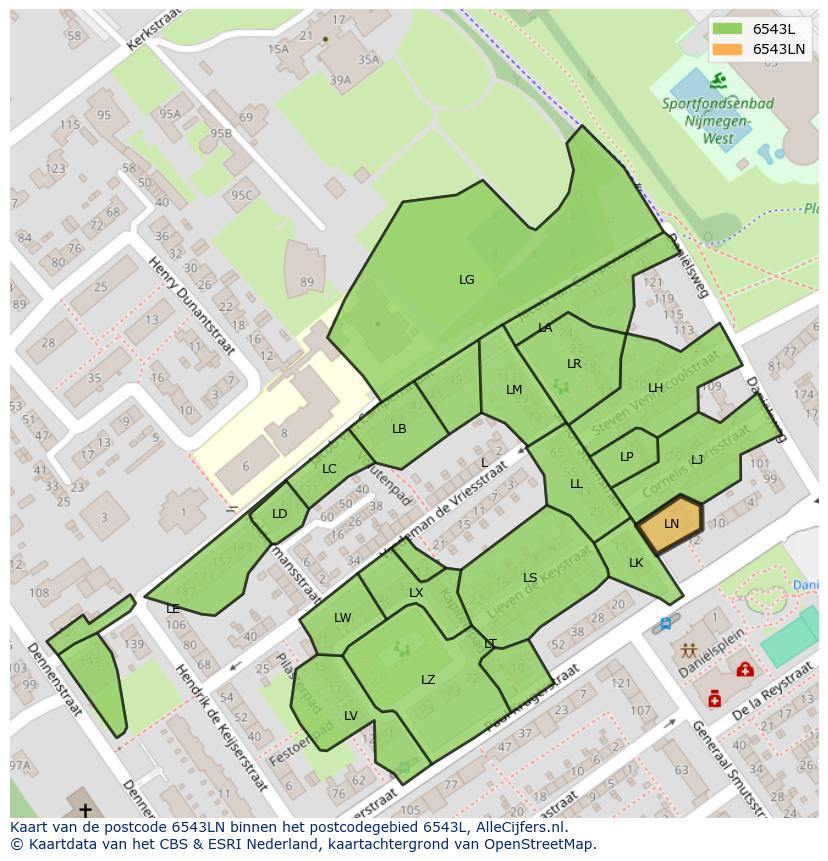 Afbeelding van het postcodegebied 6543 LN op de kaart.